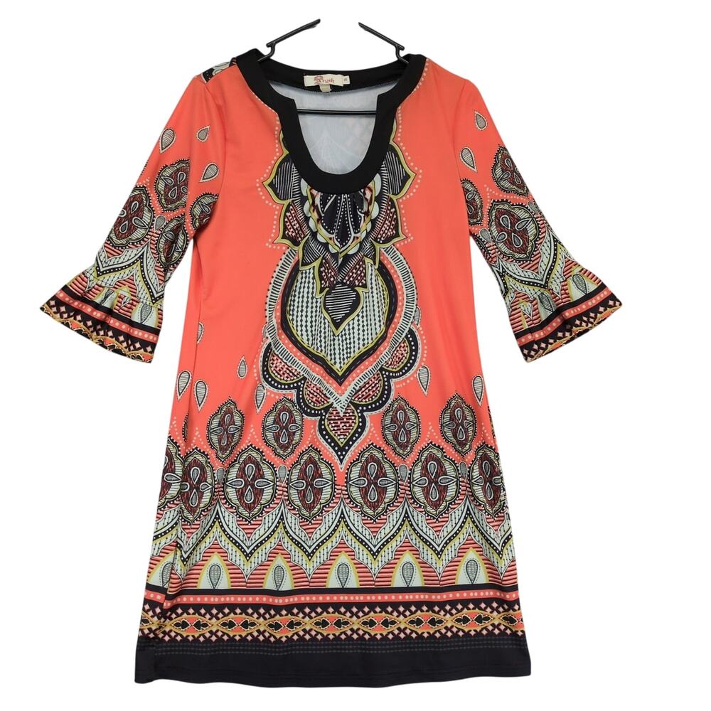 Anthropologie Aryeh Women's S Boho Pattern Midi Dress, Flare Sleeves Retro Mod